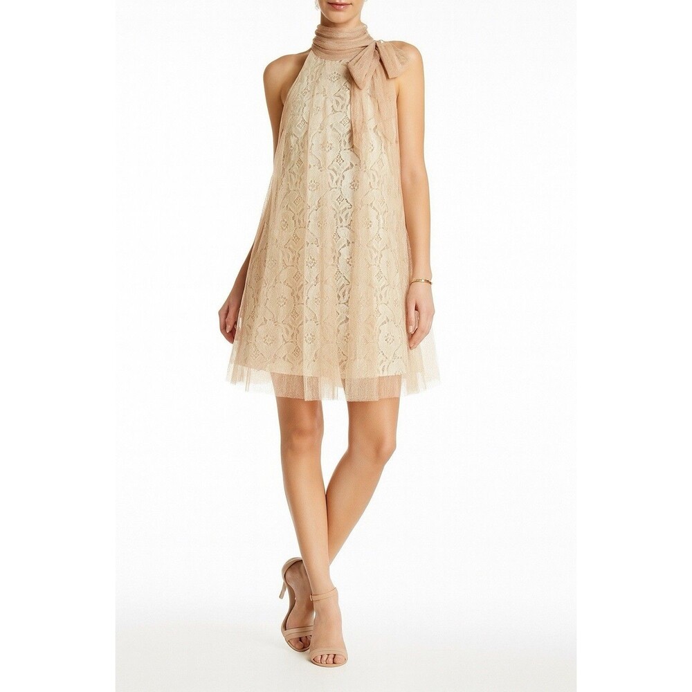 Lace Bow Neck Tulle Overlay Dress Champagne Layered Crochet L Ryu Anthropologie